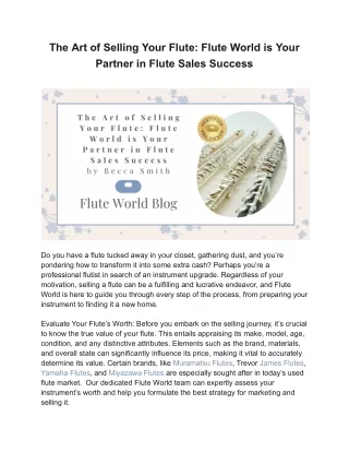 The Art of Selling Your Flute: Flute World is Your Partner in Flute Sales Succes