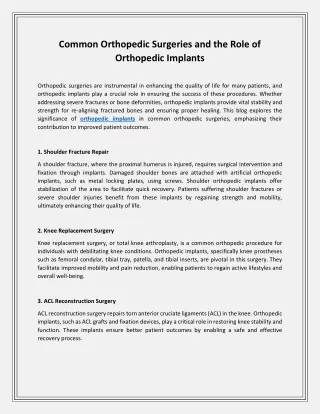 Common Orthopedic Surgeries and the Role of Orthopedic Implants