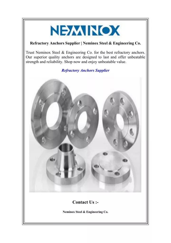 refractory anchors supplier neminox steel