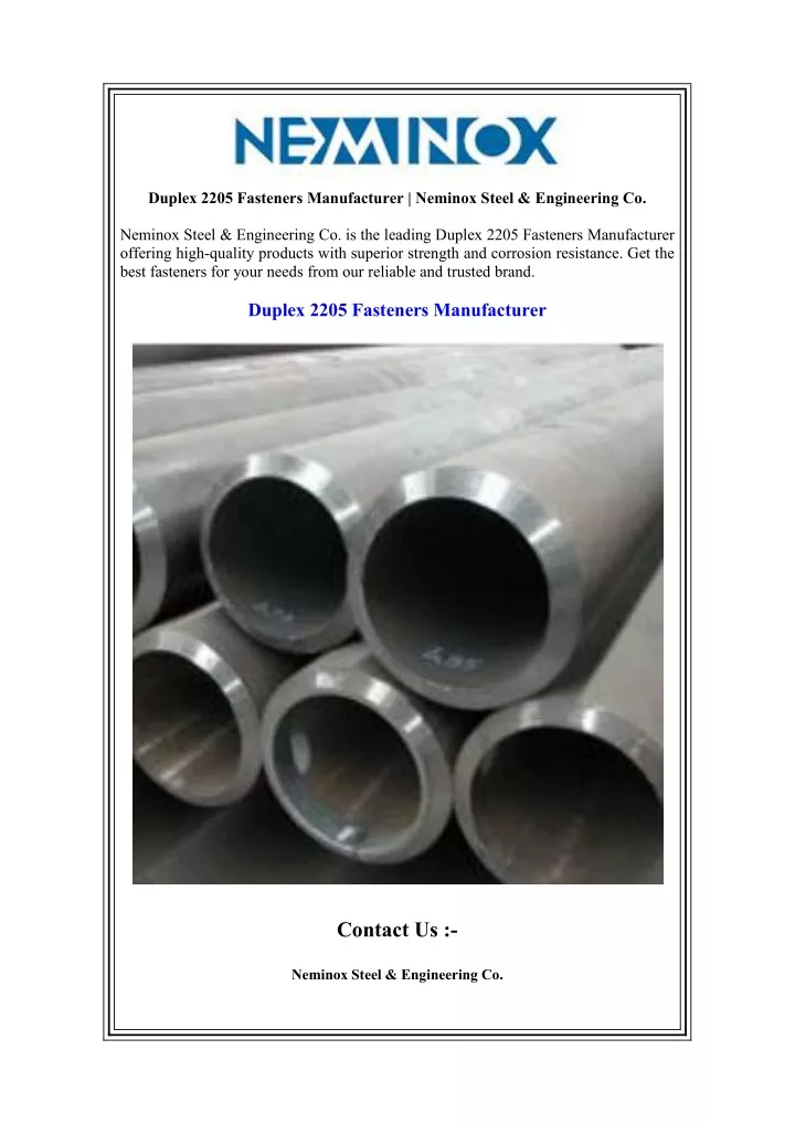 duplex 2205 fasteners manufacturer neminox steel