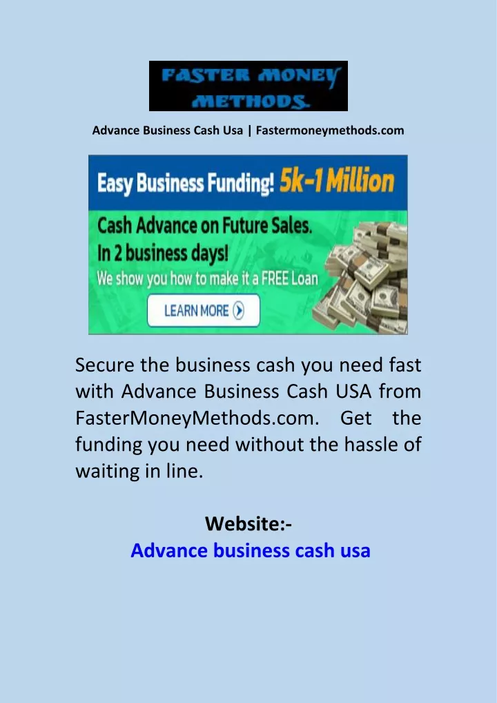 advance business cash usa fastermoneymethods com