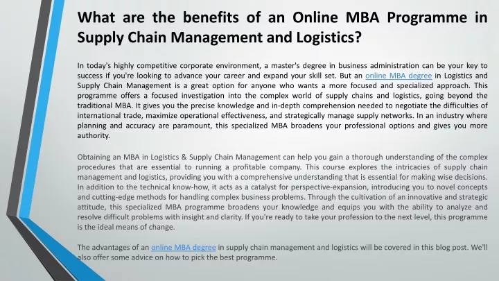 what are the benefits of an online mba programme