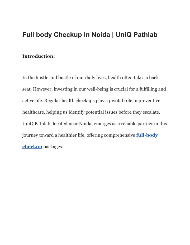 full body checkup in noida uniq pathlab