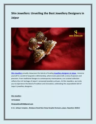Shiv Jewellers Unveiling the Best Jewellery Designers in Jaipur