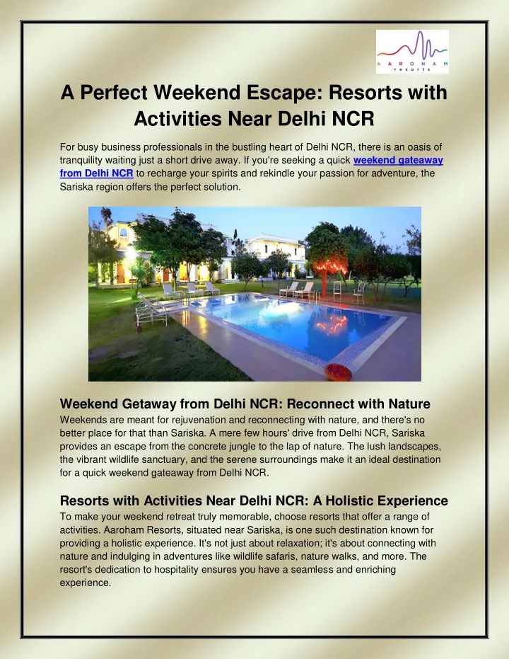 a perfect weekend escape resorts with activities