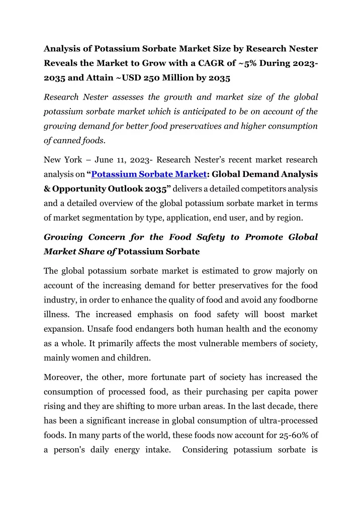 analysis of potassium sorbate market size