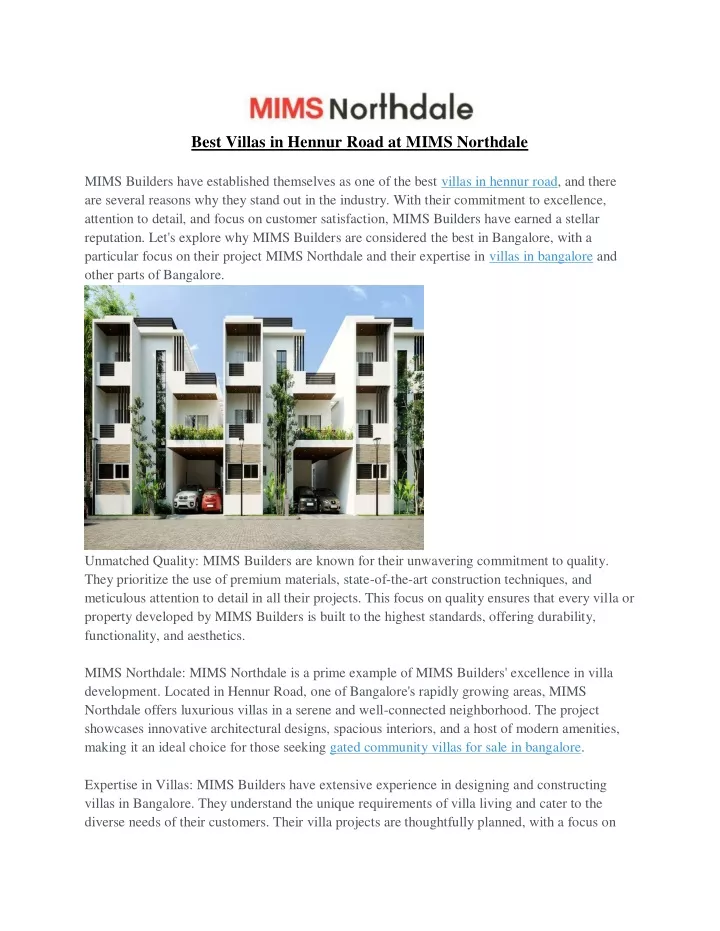 best villas in hennur road at mims northdale