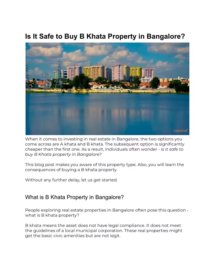 is it safe to buy b khata property in bangalore