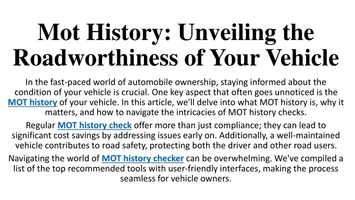 mot history unveiling the roadworthiness of your vehicle