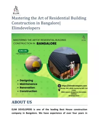 Mastering the Art of Residential Building Construction in Bangalore