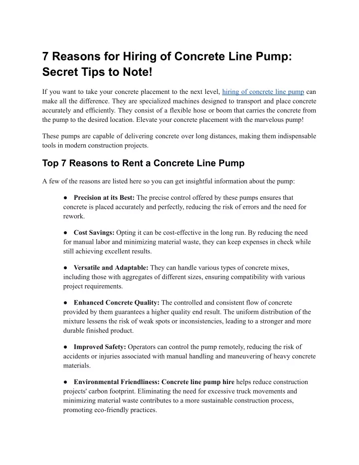 7 reasons for hiring of concrete line pump secret