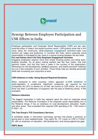 Synergy Between Employee Participation and CSR Efforts in India