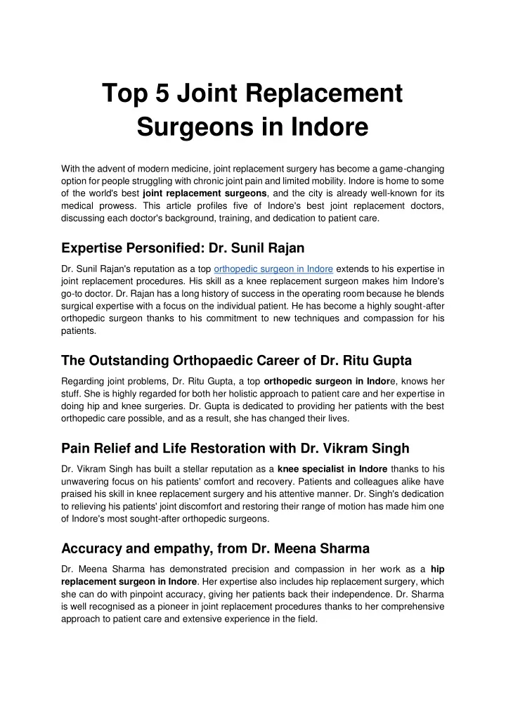 top 5 joint replacement surgeons in indore