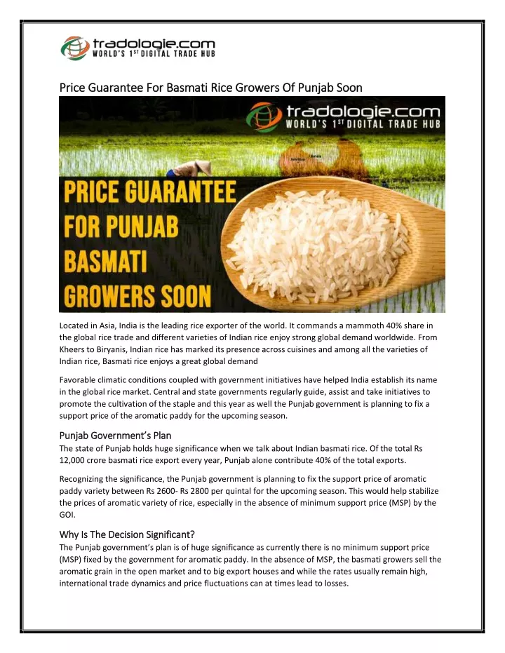 price guarantee for basmati rice growers