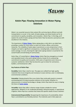Kelvin Pipe Flowing Innovation in Water Piping Solutions