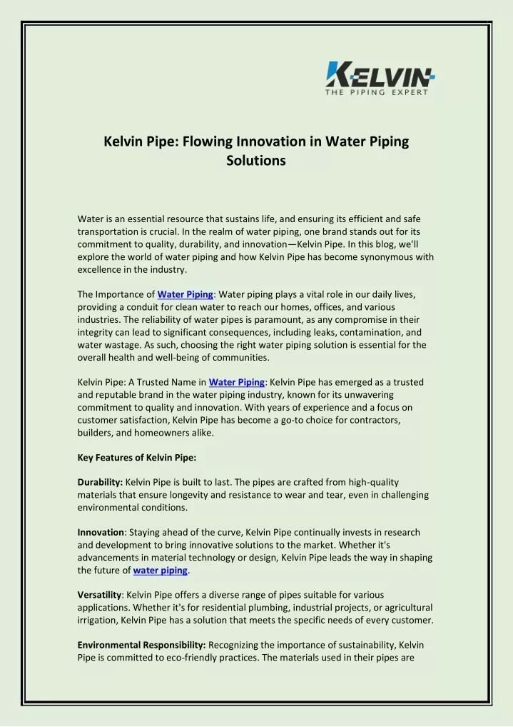 kelvin pipe flowing innovation in water piping