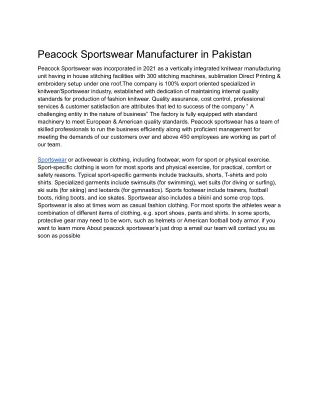 Peacock Sportswear Manufacturer in Pakistan