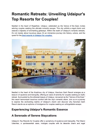 Romantic Retreats_ Unveiling Udaipur's Top Resorts for Couples!  - Kanchan Resort
