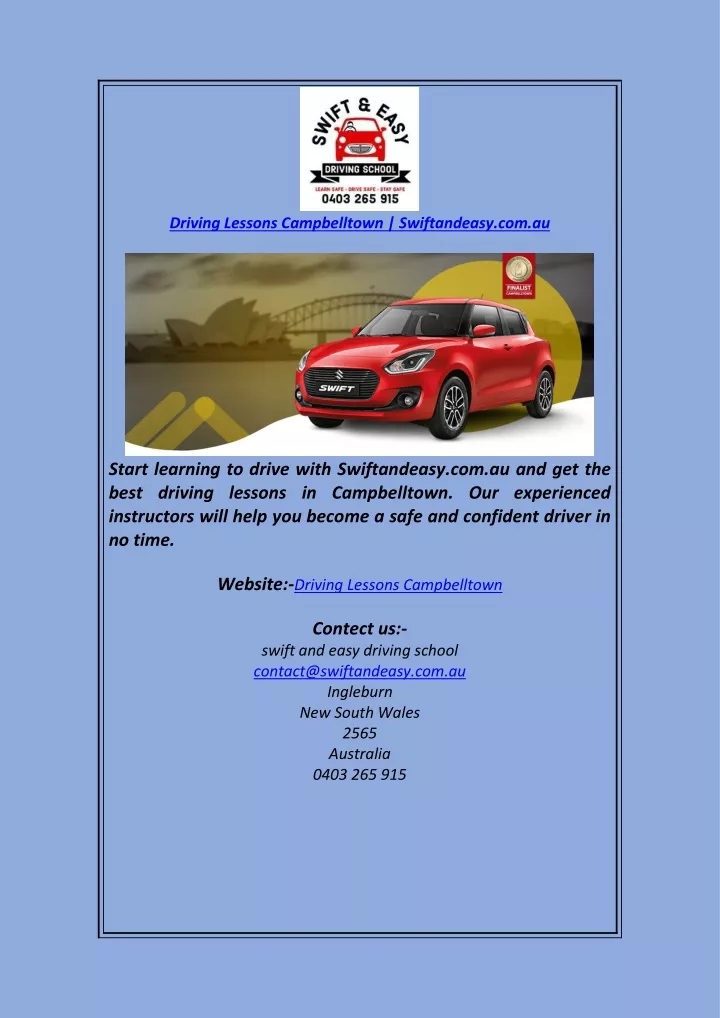 driving lessons campbelltown swiftandeasy com au