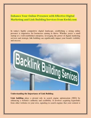 Enhance Your Online Presence with Effective Digital Marketing and Link Building Services from Kwikl.com