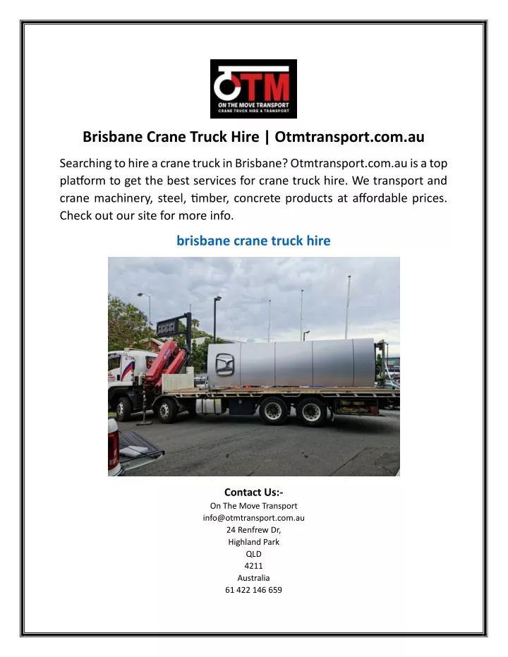 brisbane crane truck hire otmtransport com au