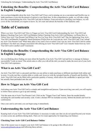 Opening the Benefits: Comprehending the Activ Visa Gift Card Balance