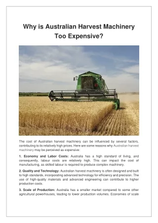 Why is Australian Harvest Machinery Too Expensive?