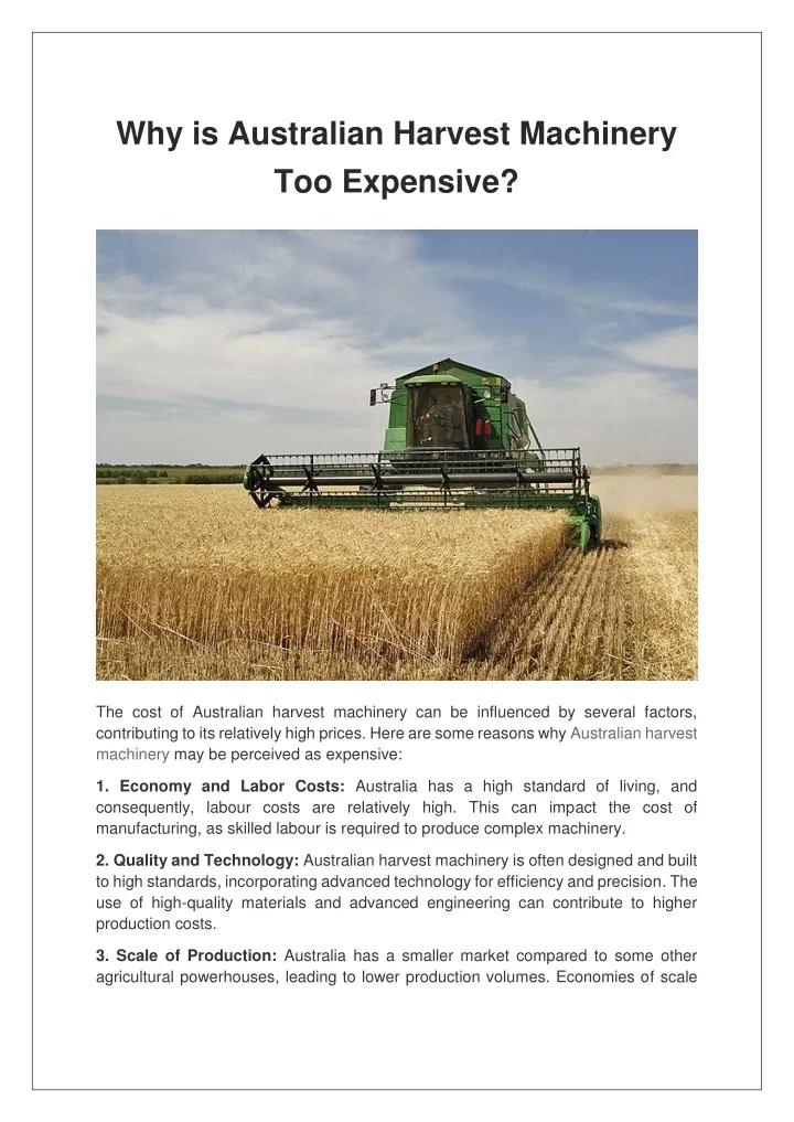 why is australian harvest machinery too expensive