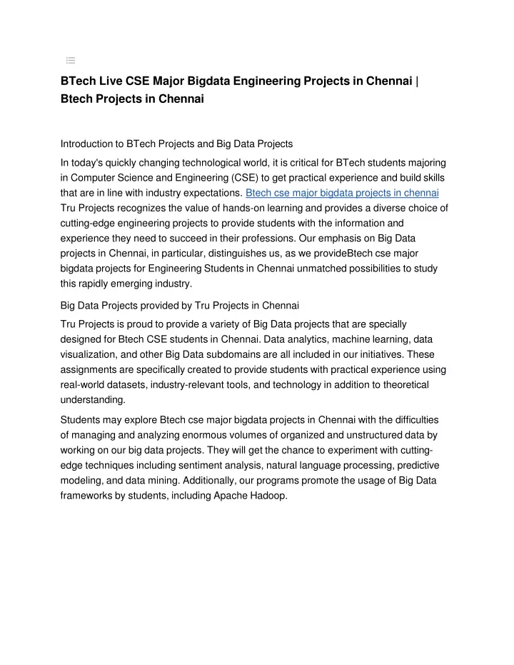 btech live cse major bigdata engineering projects