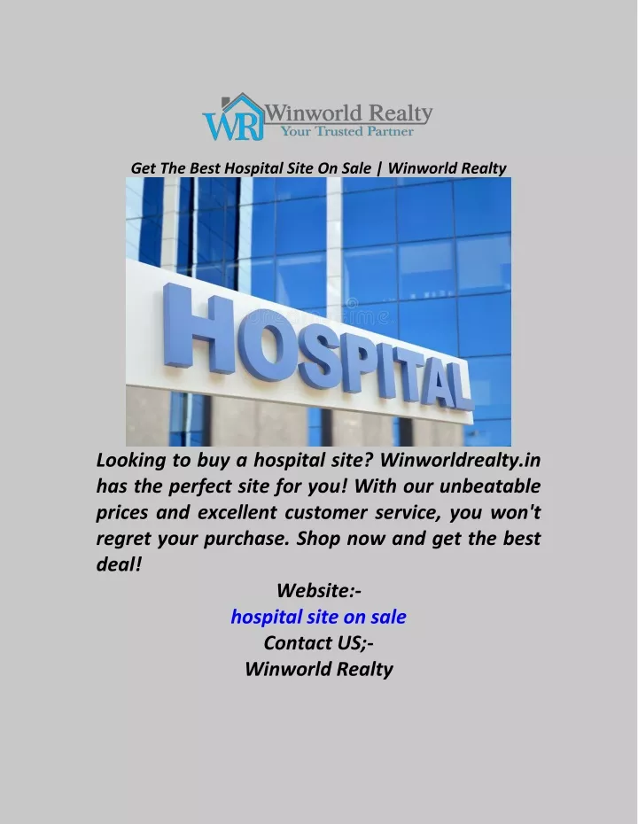 get the best hospital site on sale winworld realty