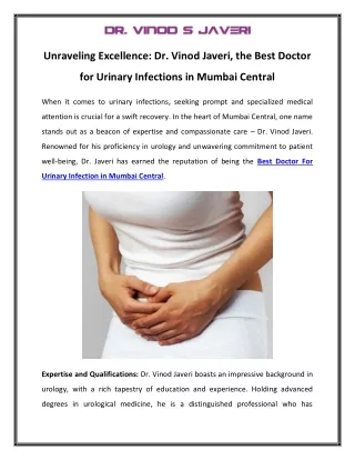 Unraveling Excellence Dr. Vinod Javeri, the Best Doctor for Urinary Infections in Mumbai Central