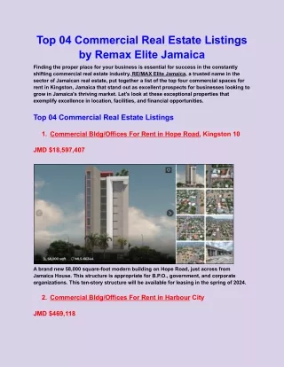 Top 04 Commercial Real Estate Listings by Remax Elite Jamaica