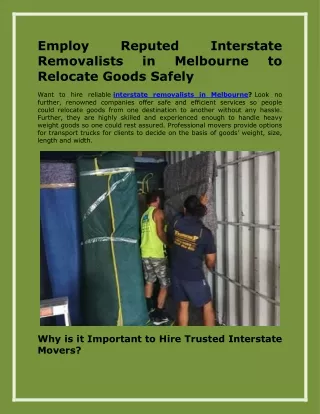 Employ Reputed Interstate Removalists in Melbourne to Relocate Goods Safely