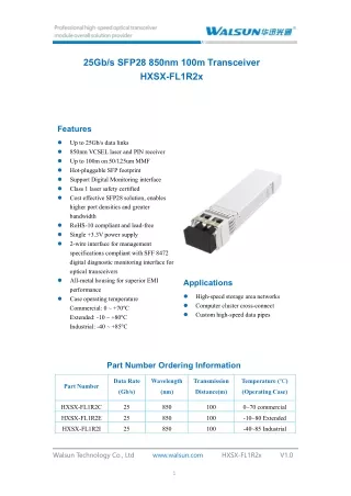 HXSX-FL1R2x 25G SFP28 850nm 100m  Dual LC DDM MMF