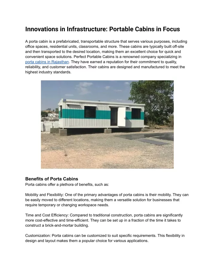 innovations in infrastructure portable cabins