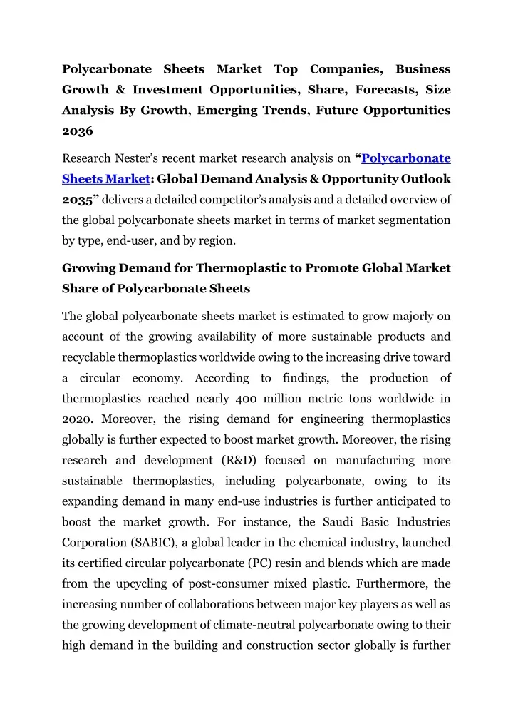polycarbonate sheets market top companies business
