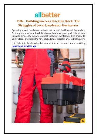 Building Success Brick by Brick: The Struggles of Local Handyman Businesses