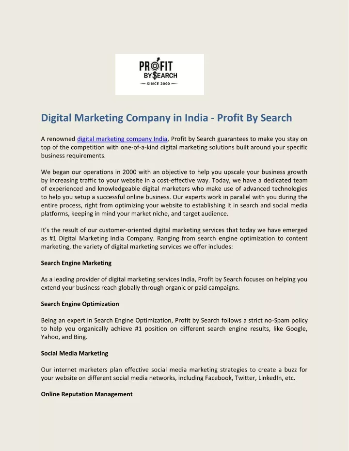 digital marketing company in india profit