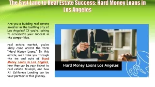 The Fast Lane to Real Estate Success Hard Money Loans in Los Angeles