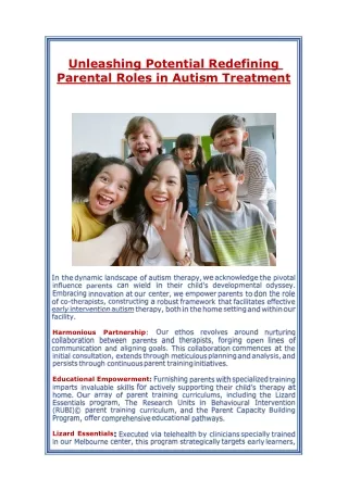 Unleashing Potential: Redefining Parental Roles in Autism Treatment