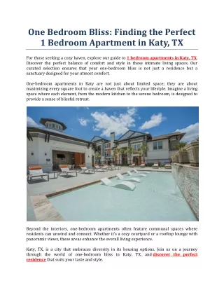 One Bedroom Bliss - Finding the Perfect 1 Bedroom Apartment in Katy, TX