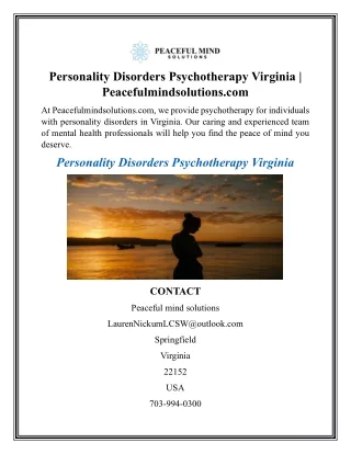 Personality Disorders Psychotherapy Virginia  Peacefulmindsolutions