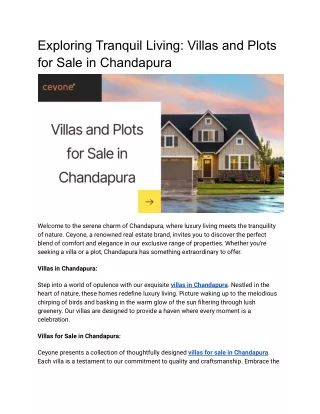 Top Rated Villas and Plots for Sale in Chandapura - Ceyone