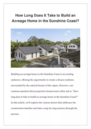 How Long Does It Take to Build an Acreage Home in the Sunshine Coast?