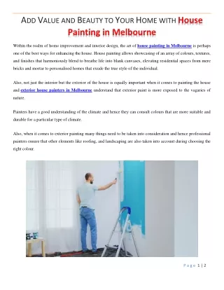 Add Value and Beauty to Your Home with House Painting in Melbourne