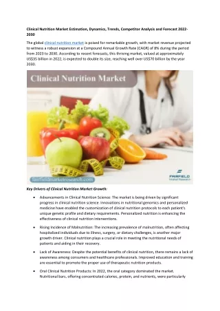 Clinical Nutrition Market Estimation, Dynamics, Trends, and Forecast 2022-2030