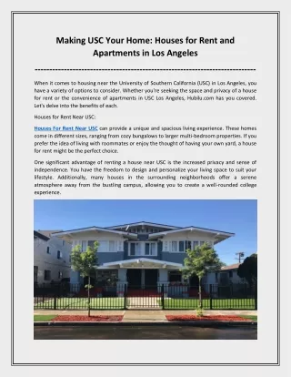 Making USC Your Home: Houses for Rent and Apartments in Los Angeles