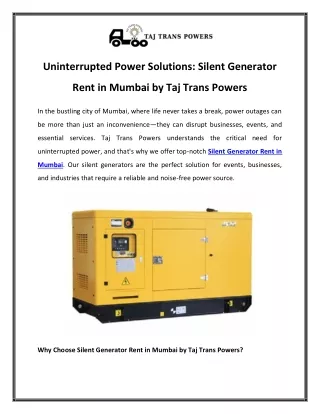 Uninterrupted Power Solutions Silent Generator Rent in Mumbai by Taj Trans Powers