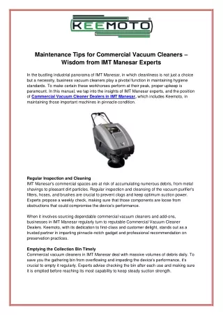 Maintenance Tips for Commercial Vacuum Cleaners  Wisdom from IMT Manesar Experts