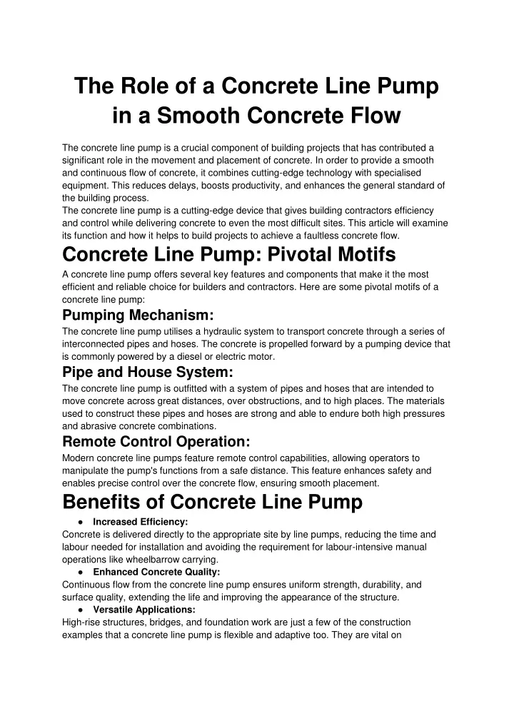 the role of a concrete line pump in a smooth